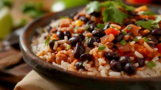 Closeup of a traditional rice and beans dish showcasing the distinct layers of fluffy white rice hearty black beans and fragrant sofrito. .