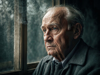 Closeup portrait of an old man looking away. Memory loss, Alzheimer's disease, anxiety or dementia concept.
