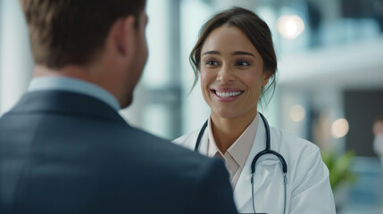 A close-up shot of a female doctor in a bright hospital lobby, her gentle smile indicative of genuine care and concern as she discusses health recommendations on a tablet with a ma