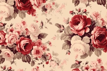 A floral wallpaper with red roses and pink flowers