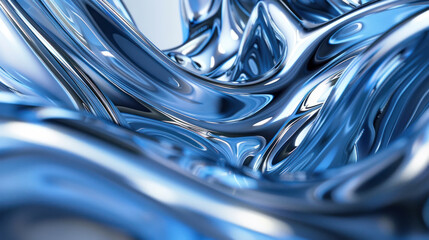 3D abctract liquid metal and glass in blue color as wallpaper background illustration