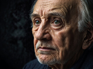Closeup portrait of an old man looking away. Memory loss, Alzheimer's disease, anxiety or dementia concept.