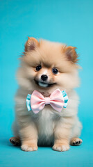 A cute little dog wearing a pink and blue bow tie
