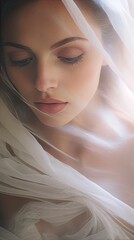 A woman's face is shown through a sheer veil, with her eyes closed