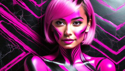 Gorgeous short haired female model with exotic pink and black body paint. AI generated night club concept art.