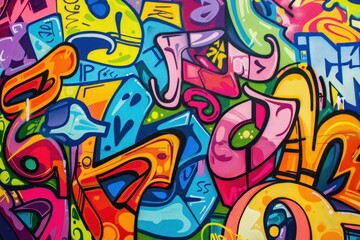 Colorful graffiti wall backdrop adorned with tags, murals, and street art
