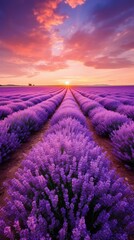 Obraz premium A field of lavender flowers with a sunset in the background