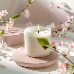 Obraz na płótnie Canvas A lit candle with cherry blossoms.
