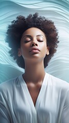 A woman with curly hair is sitting with her eyes closed