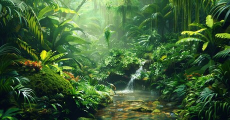 A lush rainforest with exotic animals and trees