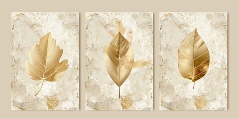 Botanical wall art set. Golden foliage line art drawing. Abstract Plant Art design for wall framed prints, canvas prints, poster, home decor, cover, wallpaper. High quality photo