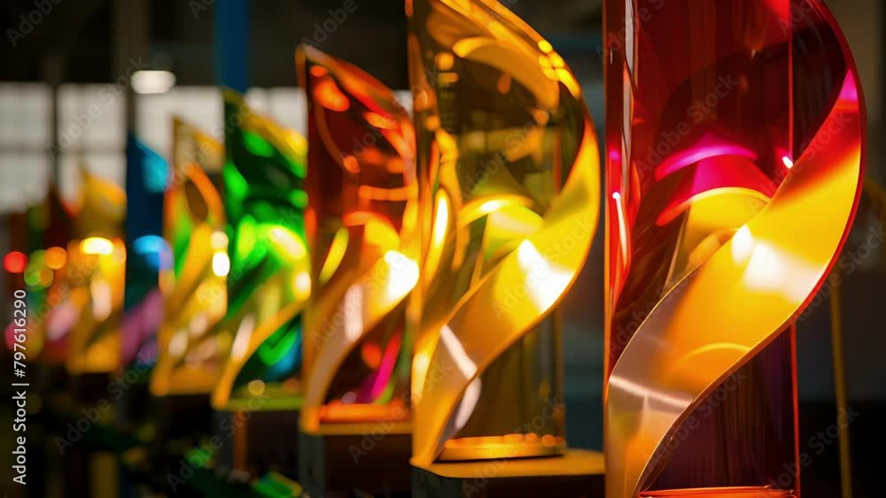 Poster a row of stunning abstract light sculptures each powered by biodiesel and adding a vibrant and ecoco