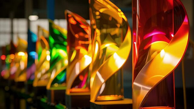 A row of stunning abstract light sculptures each powered by biodiesel and adding a vibrant and ecoconscious touch to an otherwise industrial setting. .