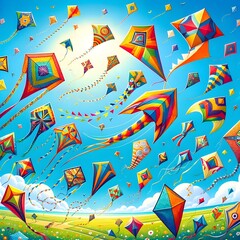 Kite Flying Fun: Colorful kites against a clear sky to signal the onset of spring. illustration, outdoor activities,  carefree,  enjoyment, children', kids - obrazy, fototapety, plakaty