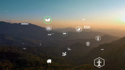 Save the planet earth day low CO2 emission. Aerial forest tree nature view with big data global...