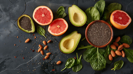 Healthy Citrus and Avocado Salad with Nuts on Dark Background