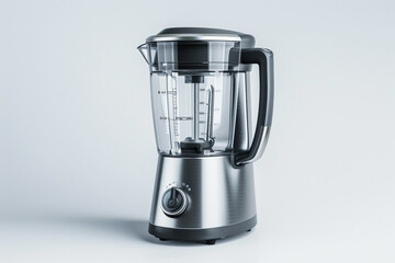 A blender with a stainless steel finish and intuitive touch controls for easy operation isolated on a solid white background.