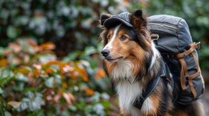 A dog wearing a hat and a backpack is standing in a forest