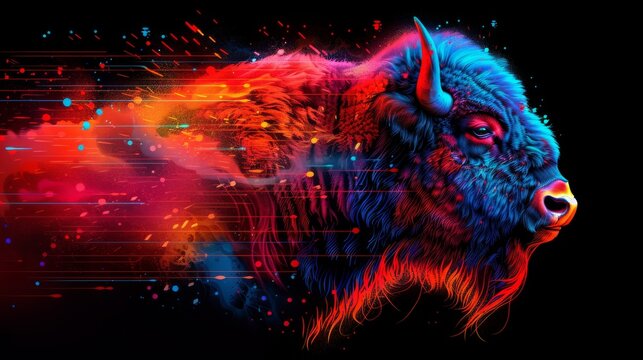 A colorful buffalo with a red nose and horns