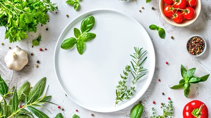 Fresh herbs and spices arranged around a blank white plate, ideal for healthy cooking concepts. Clean eating, Mediterranean diet inspiration. AI