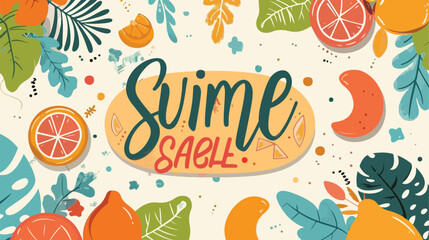 Summer sale banner. Hand drawn lettering and cute car