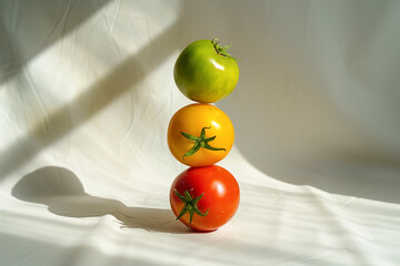 tasty and healthy fresh tomatoes balancing on each other, red, green and yellow tomato full of vitamins and antioxidants