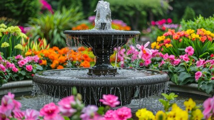 Elegant Fountain in a Flower Garden