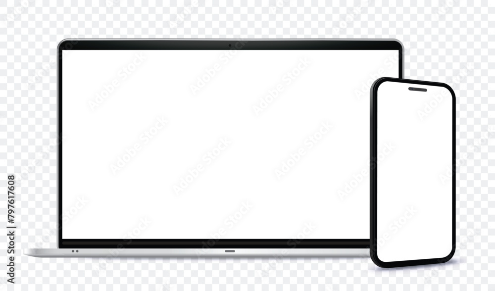 Poster laptop computer and mobile phone mockup. digital devices screen template vector illustration with tr