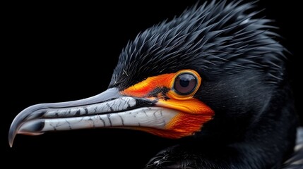 A black bird with orange beak and yellow eyes