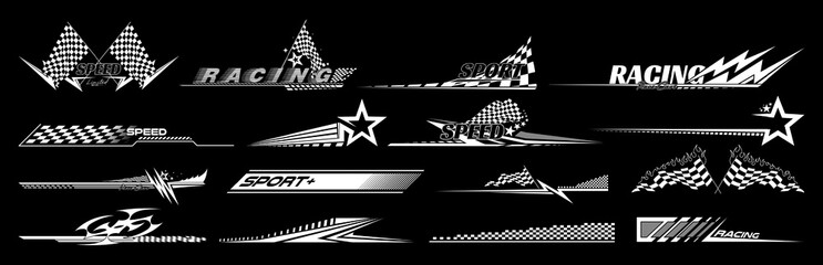 Sport car decal stripes. Car tuning finish flag stickers, speed racing stripes. White markings for transport. Isolated on black background	