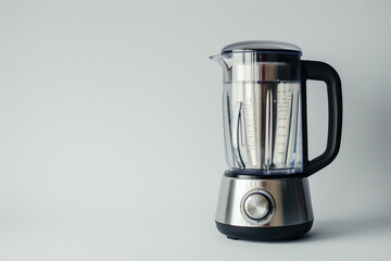 A blender with a stainless steel blade and a smoothie preset button isolated on a solid white background. - obrazy, fototapety, plakaty