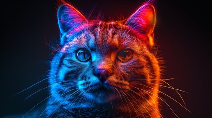 A cat with a blue and red face