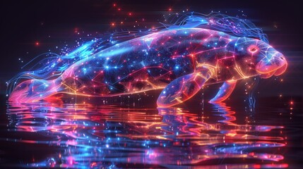 A colorful, glowing fish is swimming in a body of water