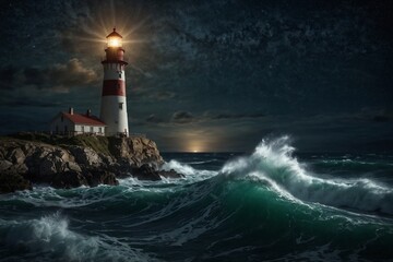 A lighthouse is lit up in the dark