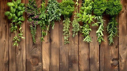 Fresh aromatic culinary herbs hanging on a rustic wooden wall. A variety of green leafy plants for cooking. Natural and organic kitchen ingredients. Ideal for food bloggers and menus. AI