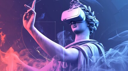 
ancient Greek statue of the goddess of love in virtual reality glasses, pop art, gradient ultraviolet background similar to smoke, layout for advertising virtual reality technology, neon fashionable 