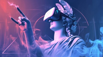 
ancient Greek statue of the goddess of love in virtual reality glasses, pop art, gradient ultraviolet background similar to smoke, layout for advertising virtual reality technology, neon fashionable 