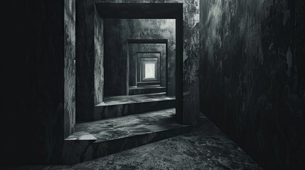 Mysterious infinite tunnel with sequential doorways in monochrome
