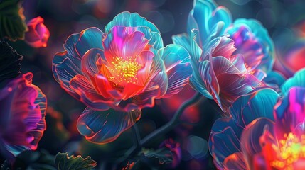 Vibrant digital art of luminescent flowers in fantasy garden