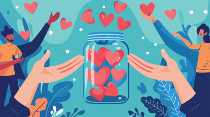 Support and charity concept. Glass jar with hearts 
