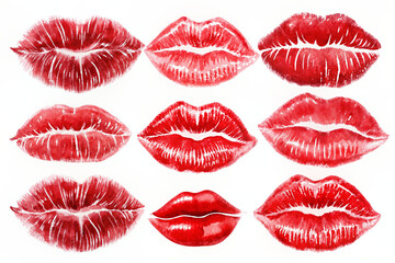 Set of beautiful red lips isolated on white background. Close up.