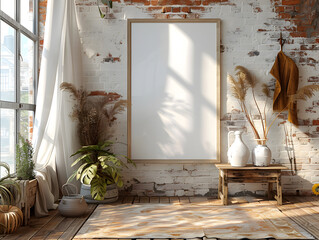 Rustic Charm: White Frame Mockup on Distressed Side Table in Kitchen - obrazy, fototapety, plakaty