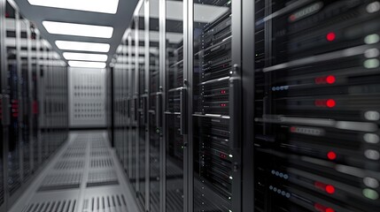 Modern data center with rows of server racks and LED indicators