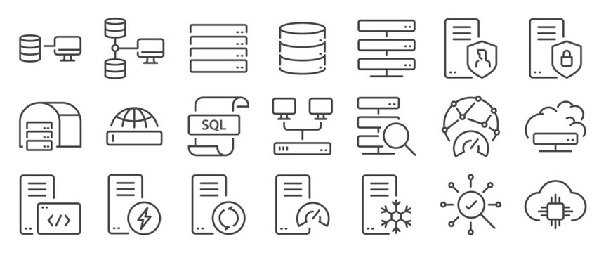 Database icon set. It includes server, cloud, hosting, data, and more icons. Editable Vector Stroke.