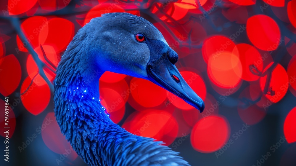 Poster A blue swan is standing in front of a red background