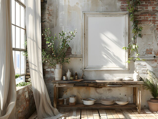 Ambient Rustic Radiance: Clean Lines of White Frame Mockup Illuminated in Kitchen - obrazy, fototapety, plakaty