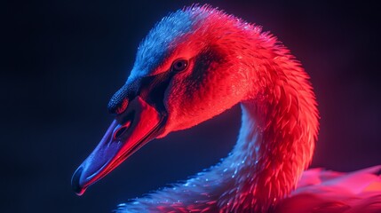 A swan with a red head is shown in a blue and red background