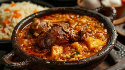 Traditional Angolan cuisine. Kabidela made of rice and poultry or game meat, cooked together with animal blood.
