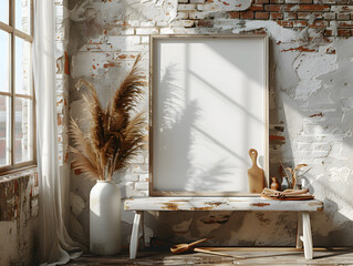 Textured Rustic Atmosphere: White Frame Mockup Enhances Aesthetics of Kitchen