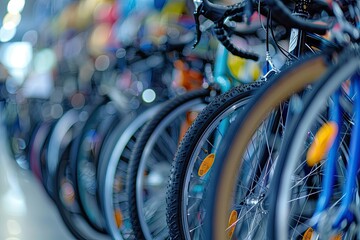 A selective focus shot of a variety of bicycles displayed in a well-lit bike shop, emphasizing the choices for cycling enthusiasts.